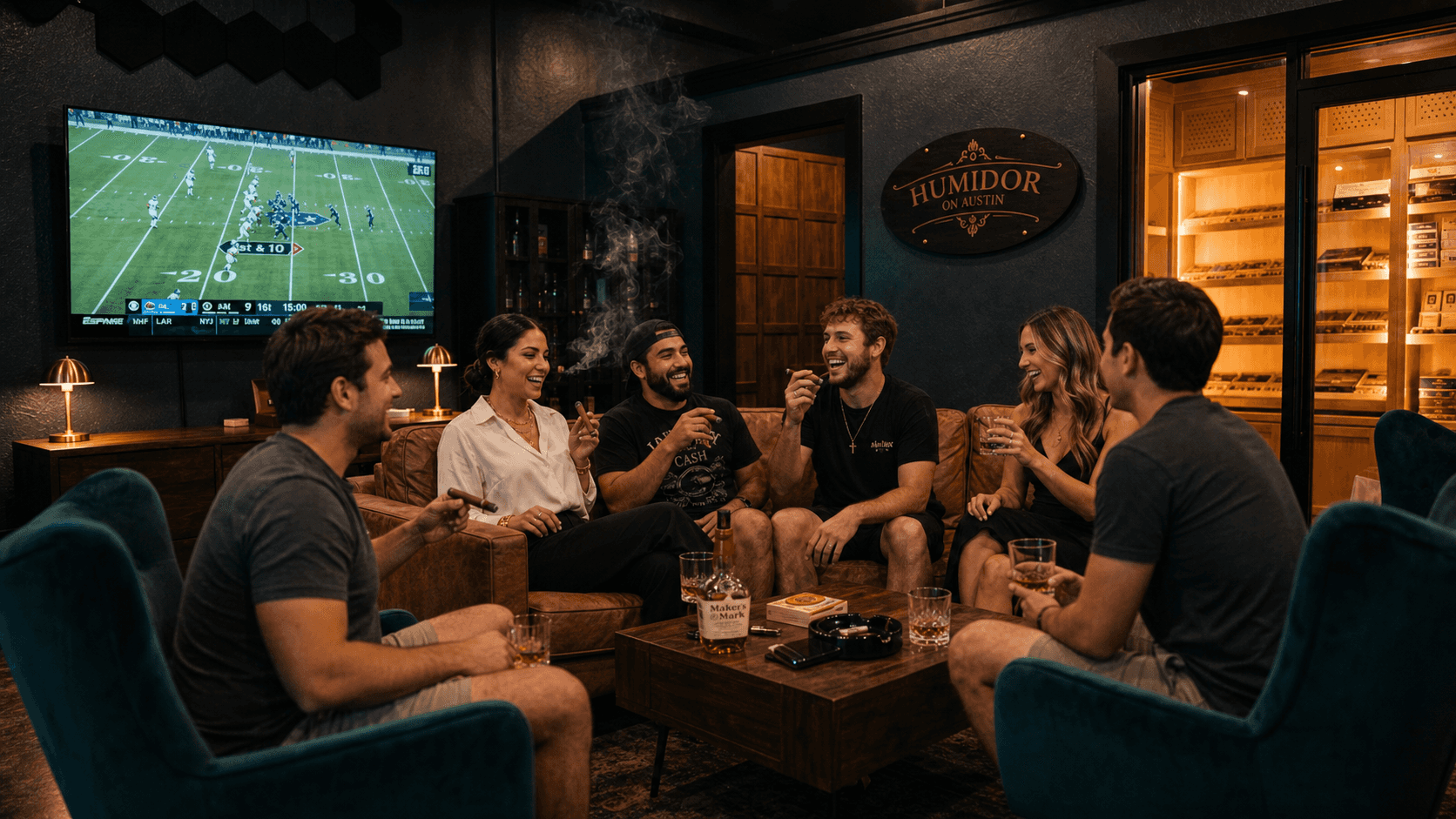 Guests watching live sports with cigars at Humidor On Austin in Waco