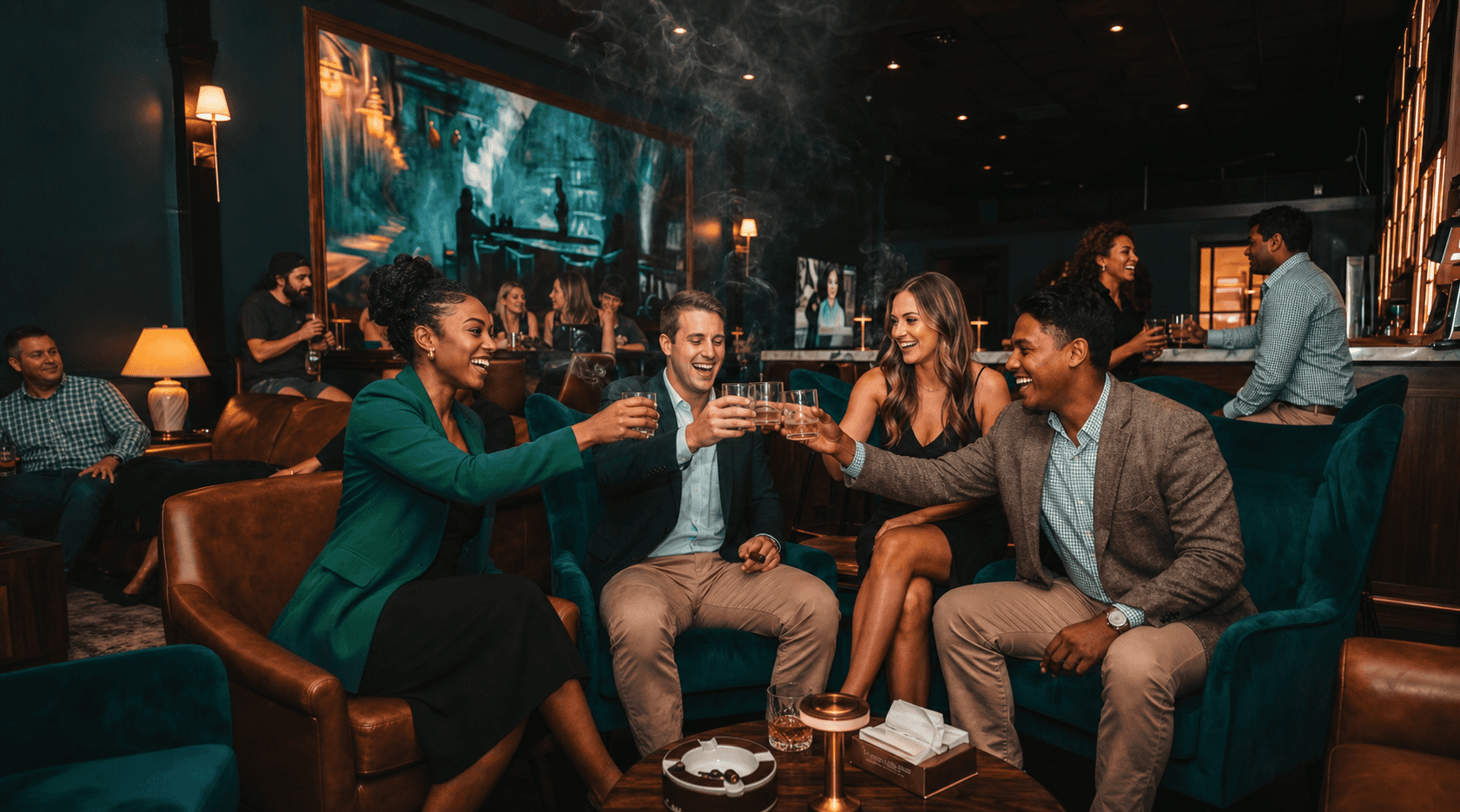 Guests sharing cigars and conversation at Humidor On Austin in downtown Waco