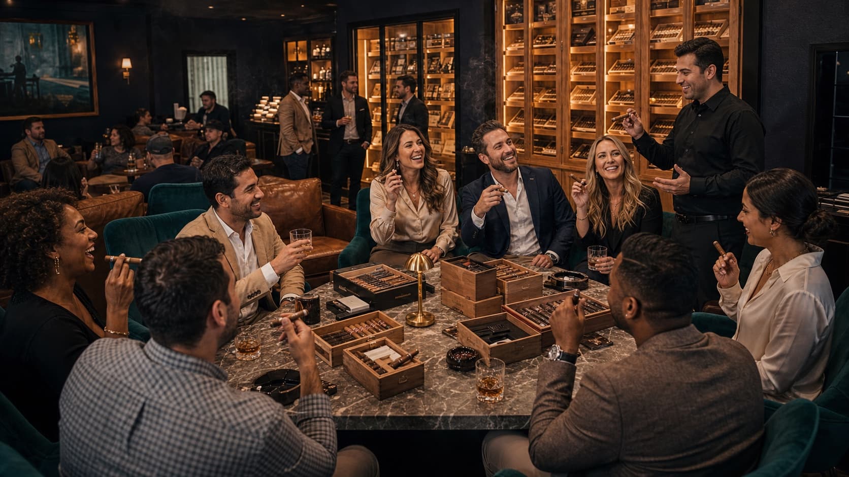 Guests Enjoying A Hosted Cigar Tasting Event At Humidor On Austin