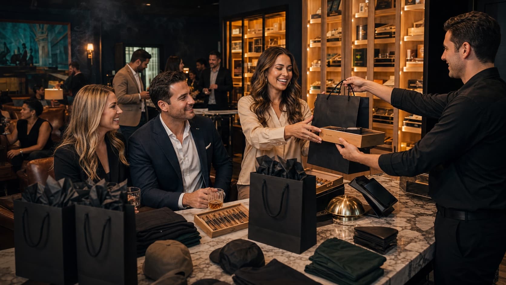 Guests Buying Humidor On Austin Merchandise And Cigar Boxes For An Event Night