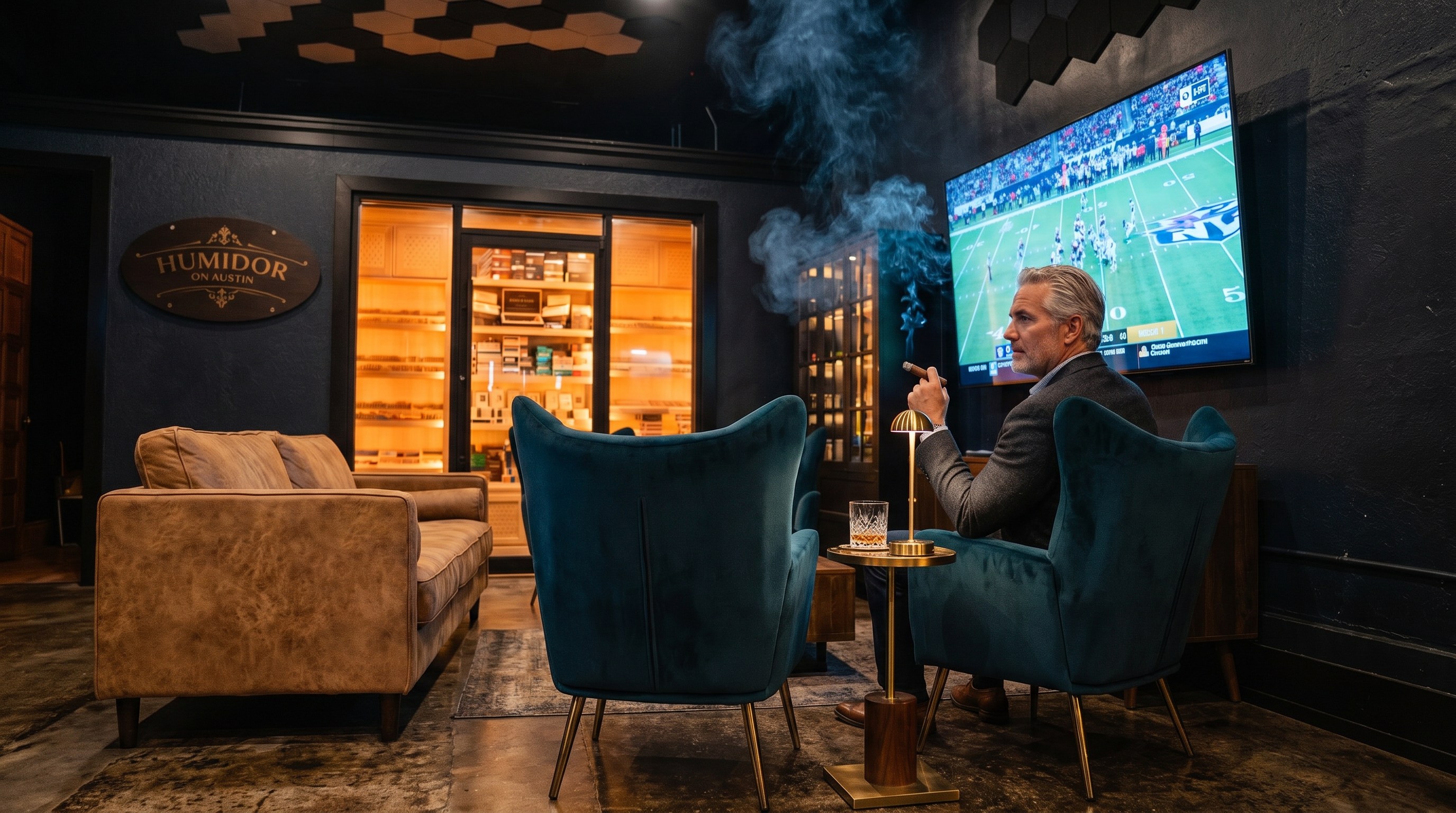 Humidor on Austin walk-in humidor interior, downtown Waco cigar lounge