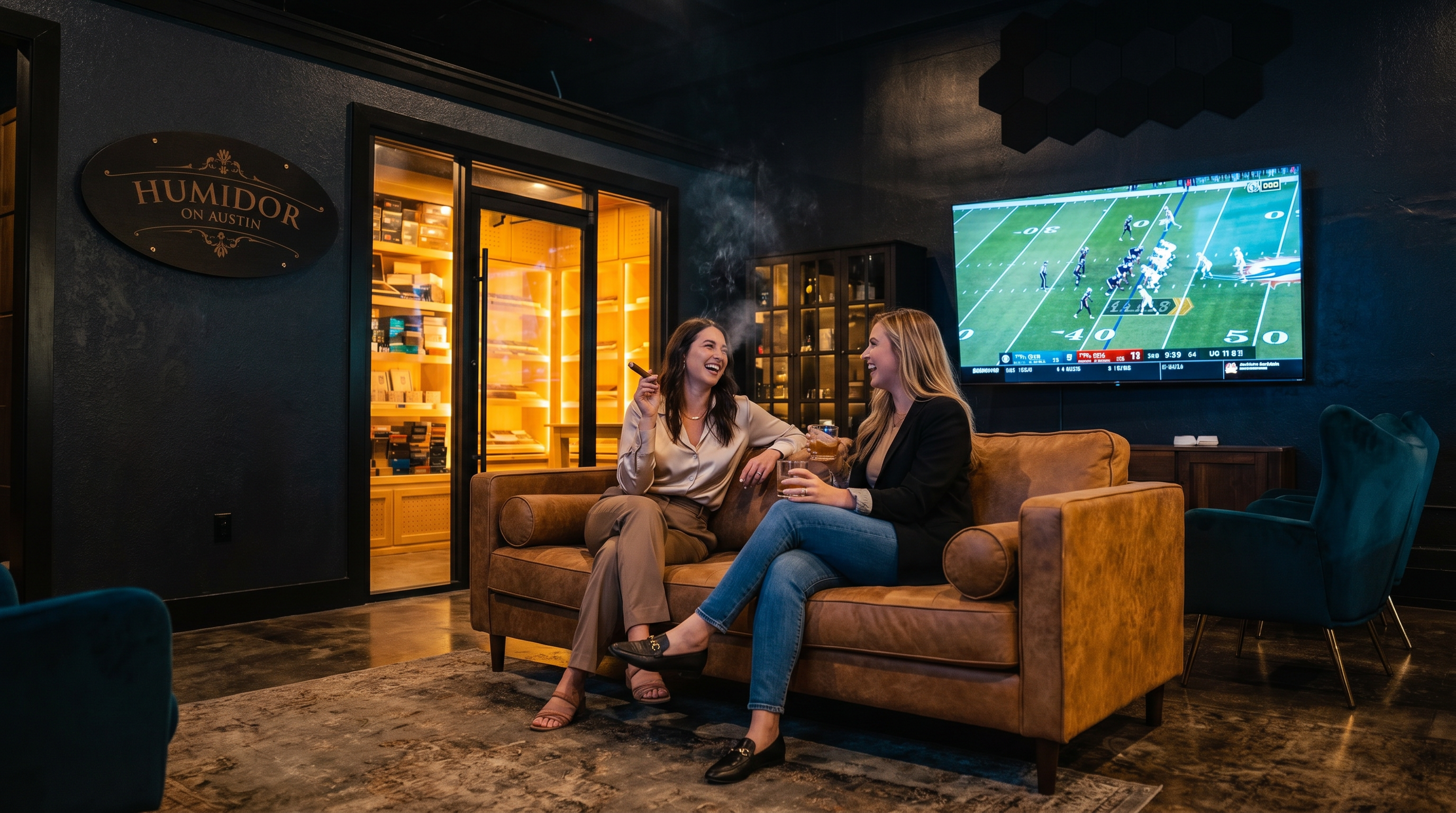 Humidor on Austin lounge seating area, downtown Waco Texas cigar lounge interior